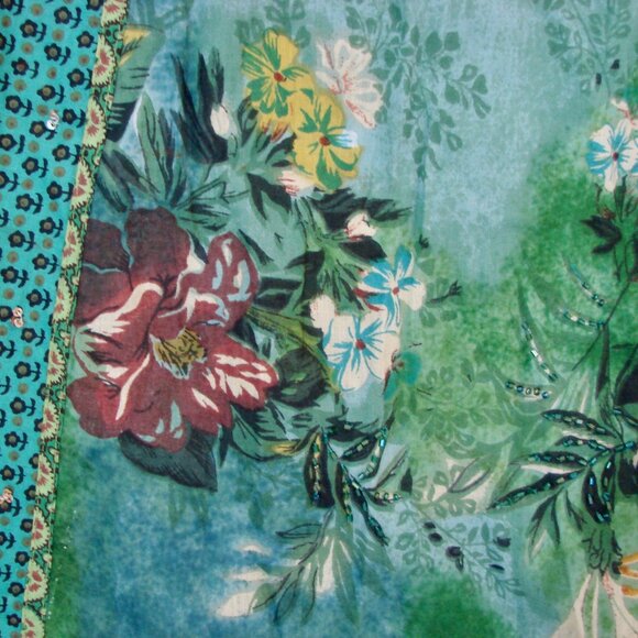 Green Floral Summer Midi Skirt Sequins Beads Cotton Made in France Size Medium - Picture 2 of 13